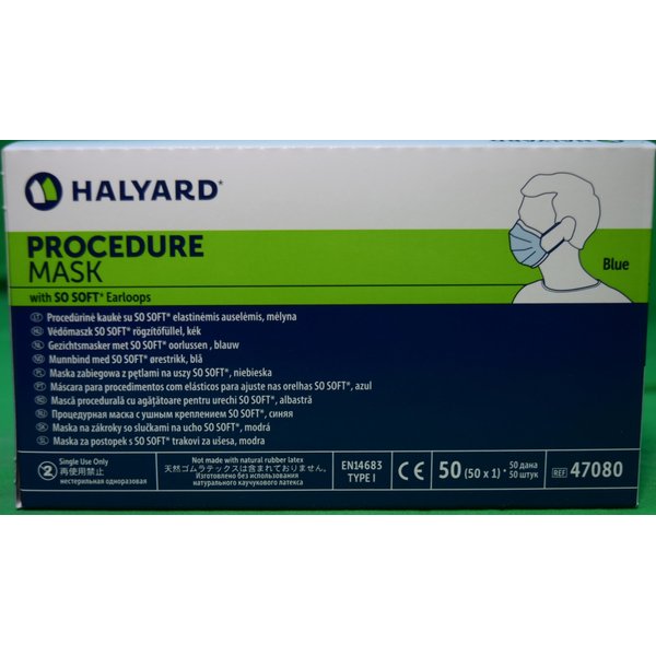 HALYARD Single-Use, Disposable Earloop Medical Mask, Designed For Short-Term Wear, Pleat-Style w/Earloops, Blue, 47080 (Box of 50)