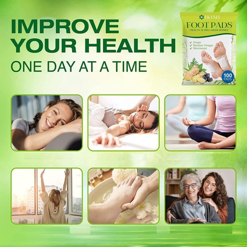 IKIMI Natural Herbal Foot Pads: Ginger Wormwood Bamboo Vinegar - Premium Foot Care - Relieves Stress and Fatigue - Improves Sleep and Supports Body Cleansing - 100 Pads (Pack of 1)