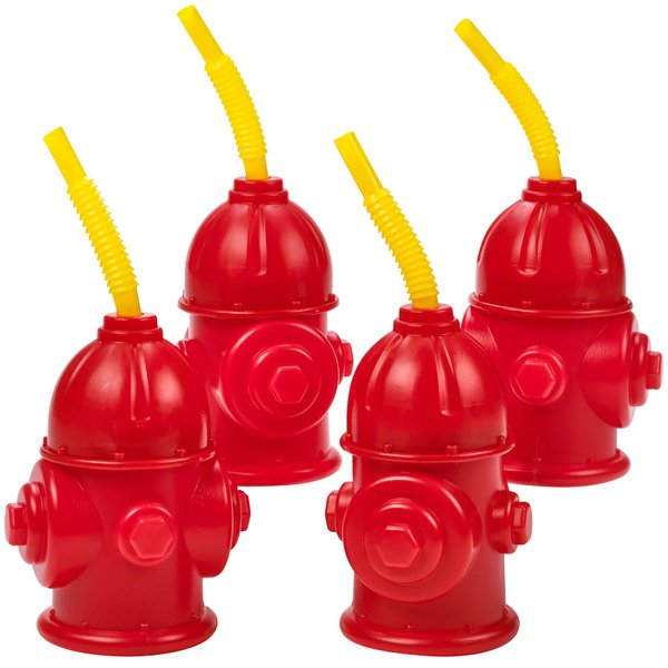 Bedwina Straw Fire Hydrant Cups with Lids - (Pack of 4) Reusable 12 oz, Red Plastic Fire Truck Party Supplies Cups and Firefighter Birthday Party Favors for Kids