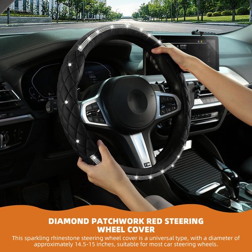 Diamond Steering Wheel Cover，with Bling Crystal Rhinestone, Delicate and Anti-Slip Sparkly Sedan Steering Wheel Cover ，Adaptable to 14.5-15 inches Steering Wheel