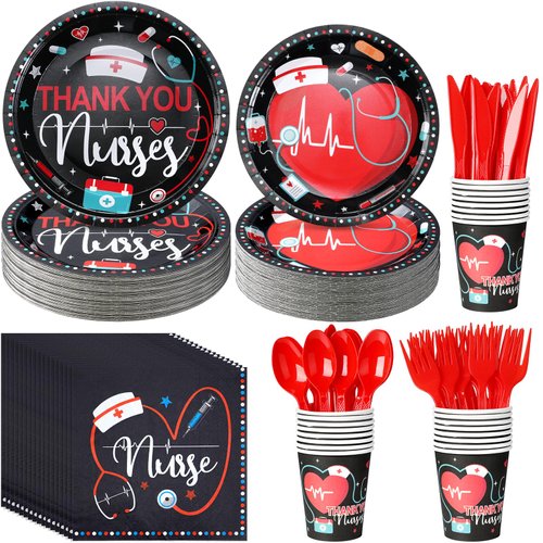 Nurse Graduation Paper Plates and Napkins Decorations, Nursing Party Disposable Plates Napkins Cups Forks, Thank You Nurse Party Supplies for Nurses Day Nurse Week 2024 Nursing Graduation, Serve 25