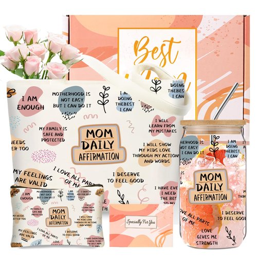 Christmas Gifts for Mom from Daughter Son, Unique Mom Canvas Tote Bag, Thanksgiving Gifts for Mother in Law with 16oz Glass Cups, Birthday Gifts for Mama