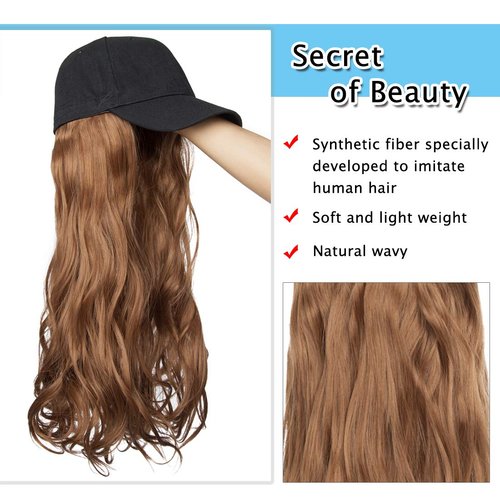SEGO Baseball Cap with Hair Extensions for Women Adjustable Hat with Hair Attached Synthetic Long Wavy Wig with Black Hat Stylable for Pigtail Ponytail 16 Inch Light Brown 290g