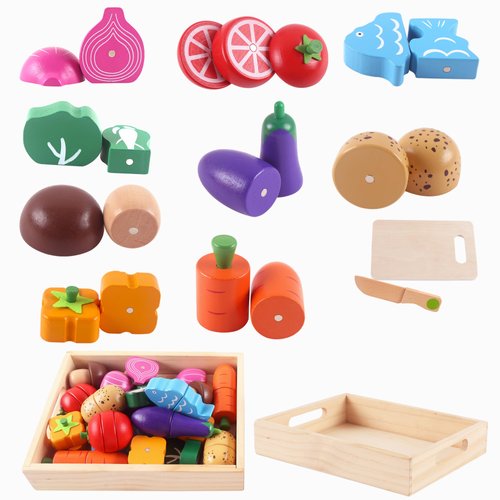 newlng Wooden Play Food Sets for Kids Cutting Vegetables Pretend Play Kitchen Accessory for Toddler Montessori Toys Early Educational Toys with Wooden Box & Knife & Cutting Board