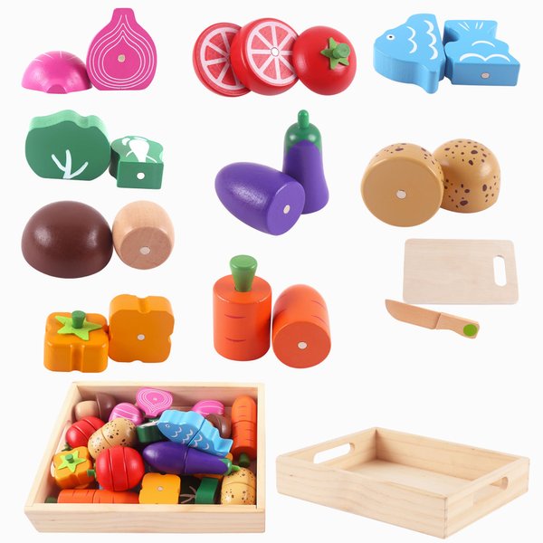 newlng Wooden Play Food Sets for Kids Cutting Vegetables Pretend Play Kitchen Accessory for Toddler Montessori Toys Early Educational Toys with Wooden Box & Knife & Cutting Board