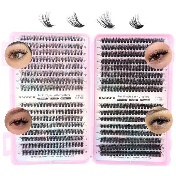 DAODER Natural Lash Clusters 30D 40D 50D 60D Lash Book 640pcs Short Lash Extension 9-13mm Wispy Eyelash Extension Clusters D Curl Individual Lashes (30D+40D+50D+60D 9-13MM)