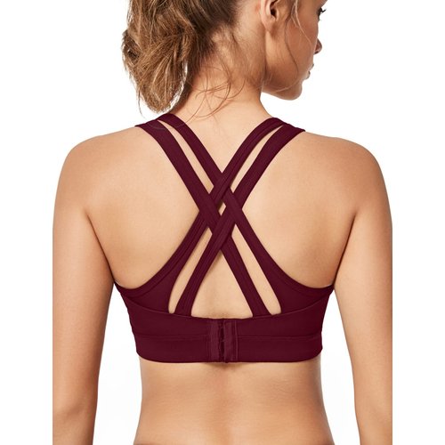 Yvette Women High Impact Sports Bras Criss Cross Back Sexy Running Bra for Plus Size, Burgundy, 2XL(DF)