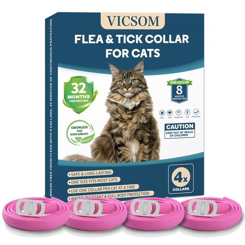 VICSOM 4 Pack Cat Flea Collar - Adjustable, Waterproof Flea and Tick Prevention for Cats and Kittens - 32 Months Protection - Flea and Tick Treatment - Pink