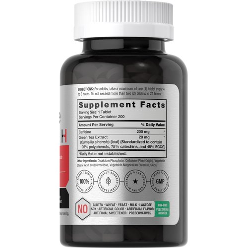 Horbäach Caffeine Pills 200mg | with Green Tea | 200 Tablets | Vegetarian, Non-GMO & Gluten Free