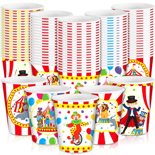 Maxcheck 100 Pcs 9 oz Circus Cups Disposable Party Supplies Paper Cups Colorful Fun Drinking Cups Birthday Party Favor Decorations