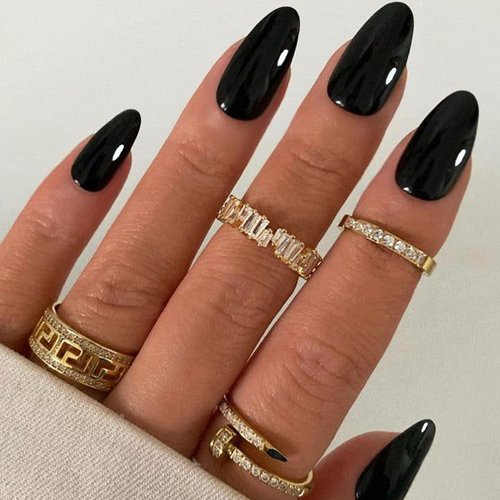 GLAMERMAID Black Press on Nails Medium Almond, Hot Pink Ombre Short Fake Nails Acrylic False Nail Kits Galaxy Star Design, Matte Stick Glue on Nails Sets, Oval Gel Nails Stiletto Full Cover for Women