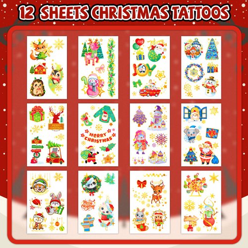 EMOME Metallic Glitter Christmas Tattoo, Xmas Party Favors Tattoo Special for Christmas Stocking Stuffers, Kids Tattoo Sticker for Girls Boys Christmas Prizes（12 Sheets)
