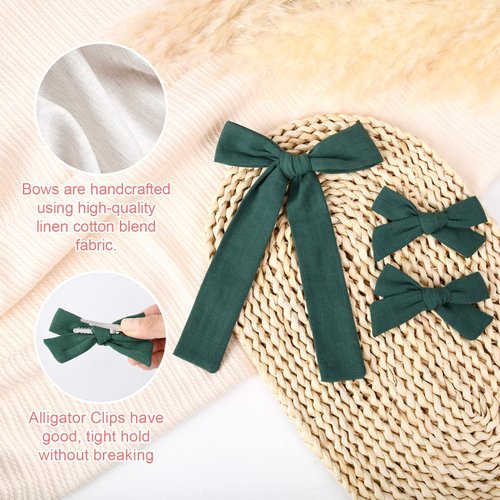 DEEKA Dark Green Cotton Linen Hair Bows 2 Sizes 5"&3.5" Soft Hair Bow set for Toddler Girls Long Ponytail Knot Bows Alligator Clip Hair Accessories for Little School Girls (Dark Green)