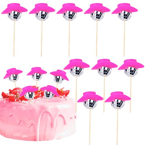 10 PCS Disco Ball Cake Decorations, Pink Cowboy Hat Cupcake Toppers, 1970s Disco Theme Party Supplies, Mini Western Cowgirl Hat Cake Toppers for Disco Bachelorette Party
