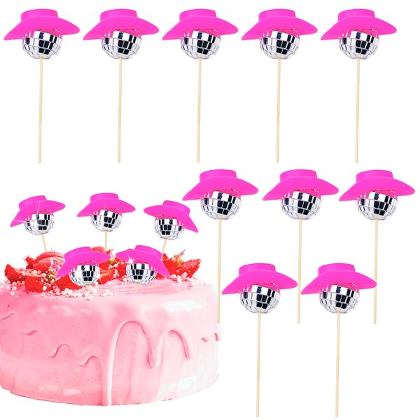 10 PCS Disco Ball Cake Decorations, Pink Cowboy Hat Cupcake Toppers, 1970s Disco Theme Party Supplies, Mini Western Cowgirl Hat Cake Toppers for Disco Bachelorette Party