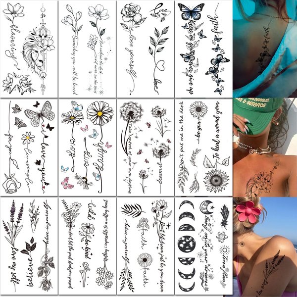 CHARLNET Flower Words Temporary Tattoos for Women Girls - Long Last Waterproof Realistic Black Sexy Temporary Tattoos for Women Body Art Arm Back