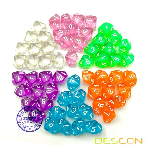 60pcs Assorted Colored Translucent D10 (1-10) Pack, 6X10pcs 10 Sides Dice Transparent Polyhedral Dice D10 Set in Black Velvet Pouch