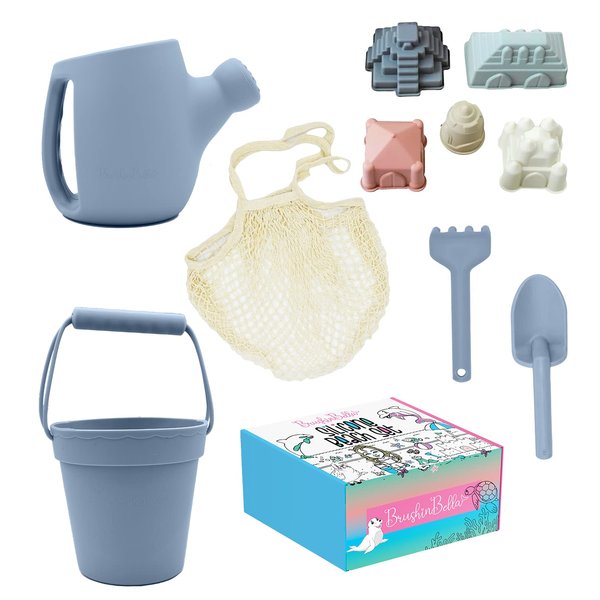 BrushinBella Silicone Beach Toys - Beach Bucket Set with Shovel, 4 Sand Molds - Travel-Friendly Kids Sand Toys in Net Carrying Bag - Safe Baby Sand Toys - Dishwasher-Safe (Ocean Blue)