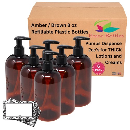 Baire Bottles 8 oz Empty Refillable Plastic Pump Bottles Dispenser 6 Pk, PET BPA Free, Refillable for Thick Shampoo Lotion Soap - Waterproof Labels USA (Blue with Black Lotion Pump, Floral Labels)
