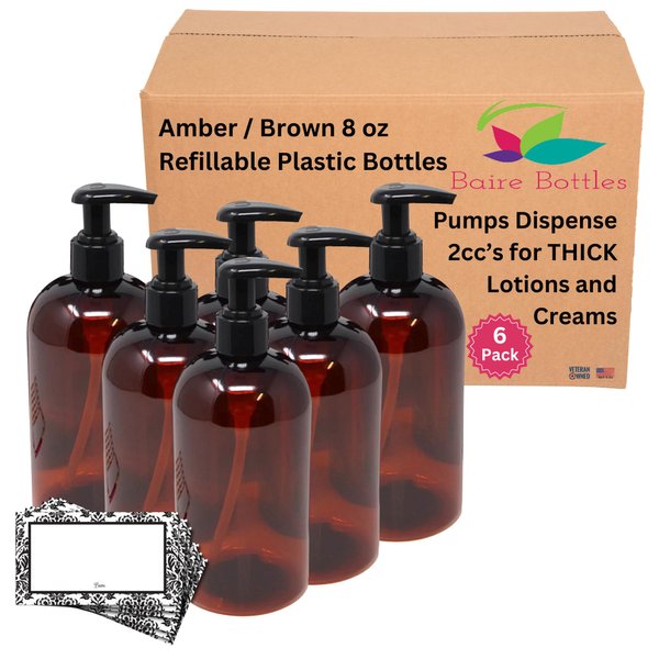 Baire Bottles 8 oz Empty Refillable Plastic Pump Bottles Dispenser 6 Pk, PET BPA Free, Refillable for Thick Shampoo Lotion Soap - Waterproof Labels USA (Blue with Black Lotion Pump, Floral Labels)