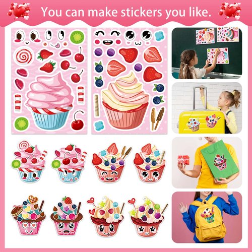 24 Sheets Make Your Own Cupcake Stickers Make A Face Stickers for Kids Toddlers with DIY Craft Stickers Kids Party Favor Supplies Crafts
