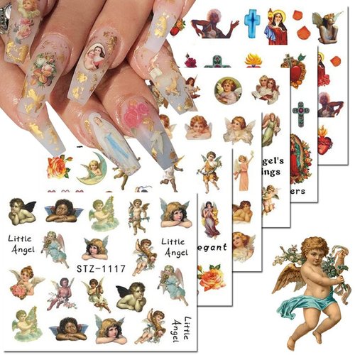 8 Sheets Valentines Day Nail Art Stickers Angel Cupid Nail Decals Water Transfer Foil Valentines Day Nail Stickers Cupid Angel Heart Nail Designs for Women Girls Valentines Nail Art Decorations