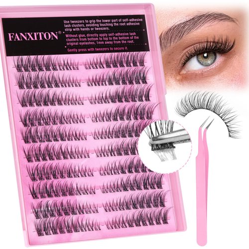 FANXITON Self Adhesive Lashes Clusters Natural Waterproof Lash Clusters Wispy Eyelash Clusters Cat Eye Self Adhesive Eyelashes C Curl No Glue Individual Lashes (180 pcs,0.05)