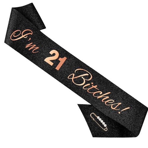 ZHBDPaty "Finally 21" Birthday Glitter Sash Black with Gold Glitter Lettering,21st Birthday Sash with Pearl Pin, Party Favors Supplies and Decorations 2 Colors (Black 1)