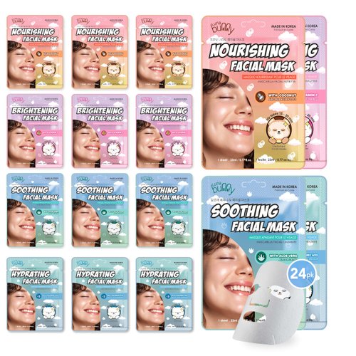 Innerest Luna Bunny 24PK Facial Sheet Mask, Brightening, Nourishing & Hydrating Korean Skincare for Self Care, Home Spa with Aloe, Coconut, Vitamin & Hyaluronic (MIX)