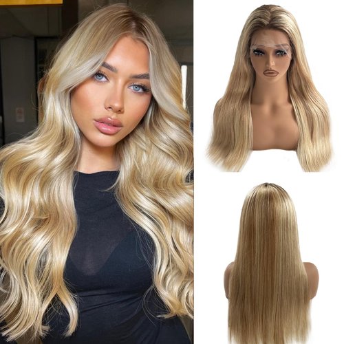 13x4 Highlights Lace Front Wigs Human Hair for Women Honey Blonde Ombre Straight HD Lace Closure Wig Glueless Remy Brazilian Virgin Human Hair 18 Inch Pre Plucked Bleached Knots #4/12/613