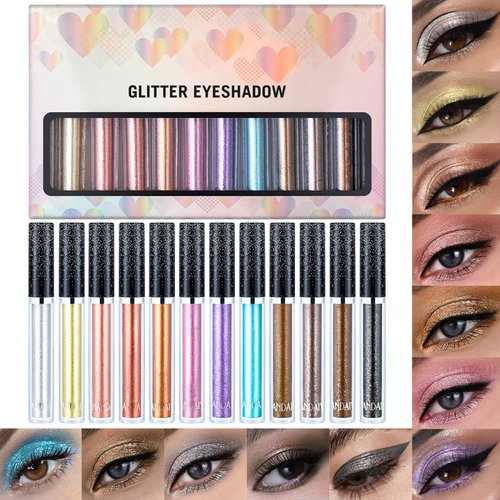 Glitter Liquid Eyeshadow 12 Color Glitter Sparkling Eyeliner Metallic Shimmer Eye Shadow Face Lips Art Cosmetic Glow Pigment Shimmer Makeup Long Lasting Waterproof for Parties Cosplay Masquerade