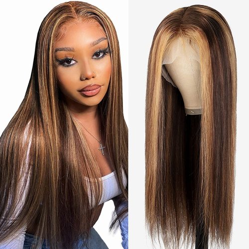 Straight Highlight Lace Front Wigs Human Hair Glueless 4x4 Lace Closure Wigs for Black Women, 20 Inch HD Transparent Lace Front Wigs Brazilian Human Hair Pre Plucked With Baby Hair 4/27 Colored