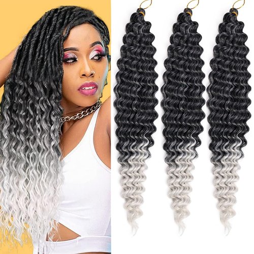 Braiding Hair Ombre Gray 22 Inch 3 Bundles Deep Wave Bulk Hair Extensions for Boho Braids Ocean Wave Crochet Hair Extensions for Braiding Curly Synthetic Braids Hair
