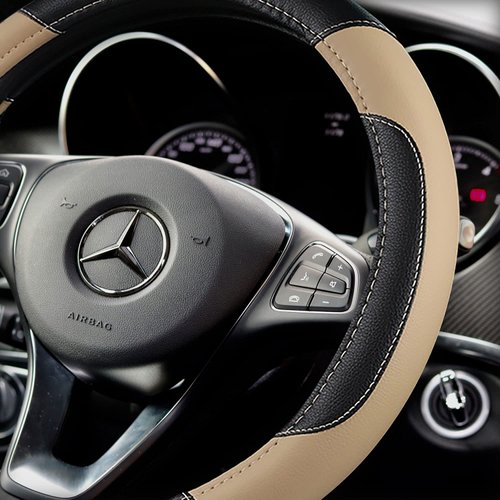Leather Car Steering Wheel Cover, Non-Slip Car Wheel Cover Protector Breathable Microfiber Leather Universal Fit for Most Cars(Beige)