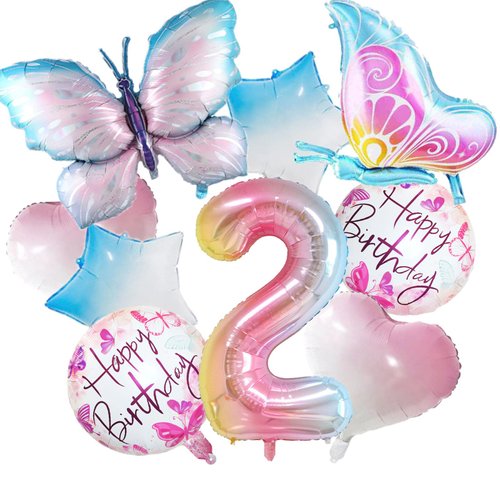 9Pcs Butterfly Balloons 2nd Birthday Decorations Gradient Colorful Butterfly Foil Balloons 2 Years Old Fairy Butterfly Theme Birthday Party Supplies Decor