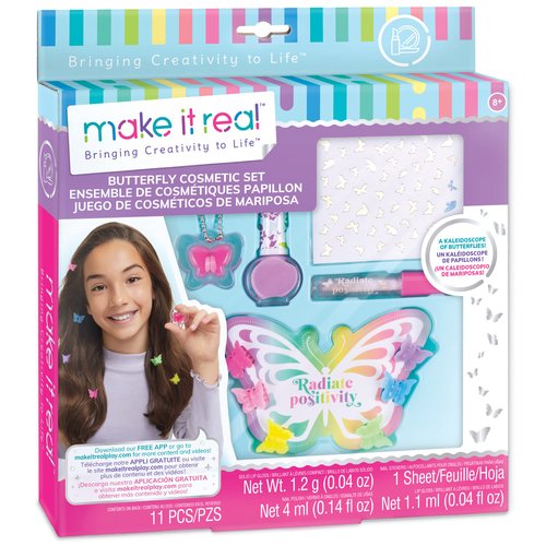 Make It Real: Butterfly Dreams Cosmetic Set - 11 Pieces, Tweens & Girls, Includes 6 Butterfly Hair Clips, Polish, Nail Stickers, 2 Lip Gloss & Instructions, Butterflies, Makeup & Beauty, Kids Ages 8+