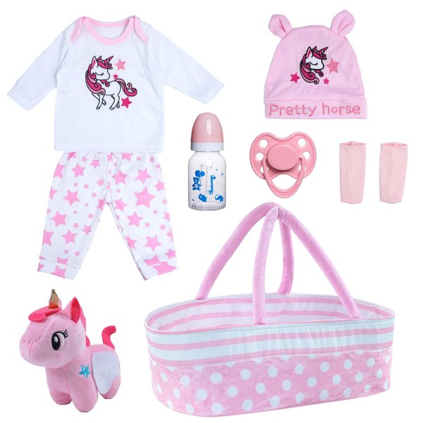 BABESIDE 8Pcs Reborn Baby Doll Clothes 20 Inch Girl Outfits Accessories for 17-22 Inch Baby Dolls with Bassinet, Feeding Accessories, Cute Newborn Baby Doll Clothing Set, Pink