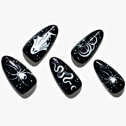 GLAMERMAID Press on Nails Medium Almond, Gothic Black Glue on Nails with Snake and Spider, 24Pcs Short Stiletto Acrylic False Nails Kits Reusable UV Finish Full Cover Stick on Nails for Women Girls