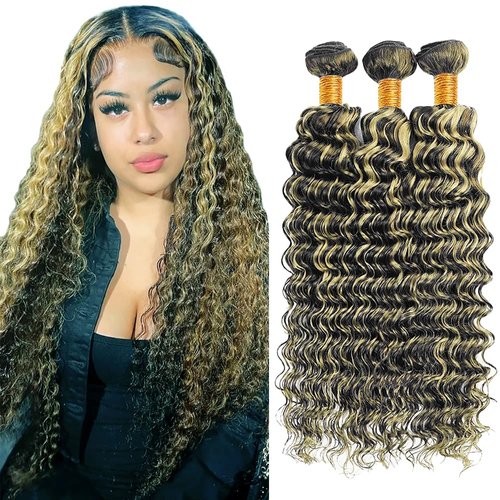Niciitysi Highlight Bundles Human Hair P1b/27 Deep Wave Bundles 18 20 22 inch Brazilian Virgin Remy Hair Extensions Two Tone Black Mixed With Blonde Bundles Double Weft P1b27 Bundles Human Hair Weave