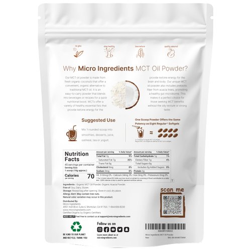 Organic MCT Oil Powder with Prebiotic Fiber,1 Pound(16 Ounce), Fast Fuel for Body and Brain, C8 MCT Oil for Coffee Creamer, No GMOs, Keto Diet, Vegan