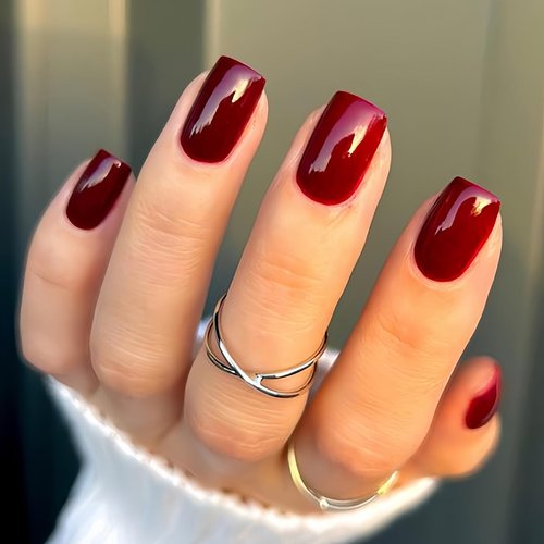Short Press on Nails Square New Year Colors, Gel Made Solid Color Wine Red Glossy Nail Decoration Acrylic Nails, False Nails Stick Glue on Nails Kit, 24 Pcs