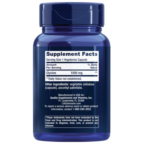 Life Extension Glycine, 1000 mg, Amino Acid That Promotes Healthy Sleep, Gluten-Free, Non-GMO, Vegetarian, 100 Capsules