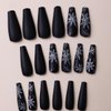 Christmas Press on Nails Long Coffin Fake Nails Black False Nails with Snowflake Design Glue on Nails Glossy Full Cover Stick on Nails Ballerina Acrylic Nails for Women Winter Manicure 24Pcs