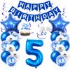 Daimay 5th Birthday Party Decorations Blue Happy Birthday Banner Flag Latex Confetti Balloons Number 5 Foil Balloon Star Mylar Balloons Cake Topper for Men Women Anniversary Party Supplies