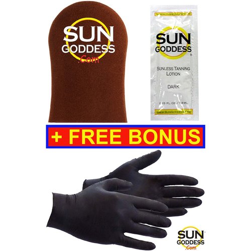 Sun Goddess (1) Sunless Self Tan Applicator Mitt + FREE BONUS (1) Sunless Self Tanner Lotion Sample + (1) PAIR of Sunless Self Tanning Applicator Gloves - Best Sunless Self Tanning Mitt Gloves Lotion