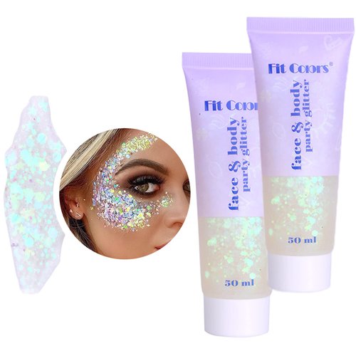 YXKJMN Clear White Body Glitter Gel,Face Glitters Gel,Mermaid Sequins Liquid Glitter Makeup for Body Hair Face Nail Eyeshadow,Long Lasting Sparkling (06# White-2PCS)