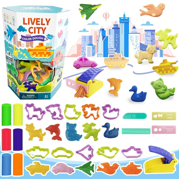 Playdough Tool Kit, 31 PCS Basic Play Dough Starter Set with Colorful Dough, Safety Knife, Rolling Pin, Animal Molds, Vehicle Cutters and Playdough Extruders Set Random Color
