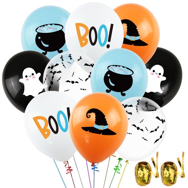 50Pcs Blue Halloween Balloon Decor Boy Halloween Blue Orange Black White Latex Balloon with Cute Ghost Wizard Hat Bat Printed for Halloween Baby Shower Happy Boo Day Spooky One Birthday Party Supplies