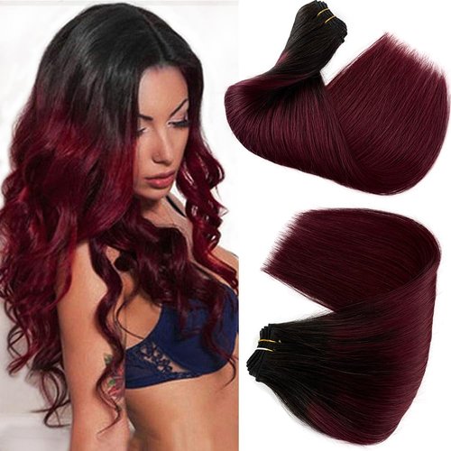 Burgundy Hair Extensions Hand Tied Weft Hair Bundles Sew in Hair Extensions Real Human Hair Ombre 1B Black to Burgundy 22Inch 120G Weft Hair Extensions Invisible Sew in Hair Bundles for Women