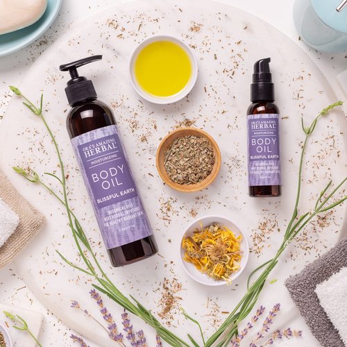 Ora's Amazing Herbal Moisturizing Lavender Body Oil for Women and Men, Nourishing Oil for Dry Skin, Relaxation, Massage Oil, Blissful Earth Scent, 2 oz, Travel Size with Pump